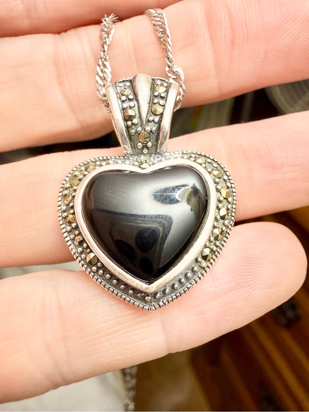 Vintage inspired black Onyx heart 925 sterling silver pendant w/ Marcasite’s NEW